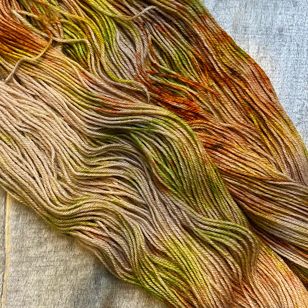 Photograph of hand dyed BFL wool in 'Bradgate Park', arranged flat to expose each strand. The colours are an autumnal mix of browns and greens.