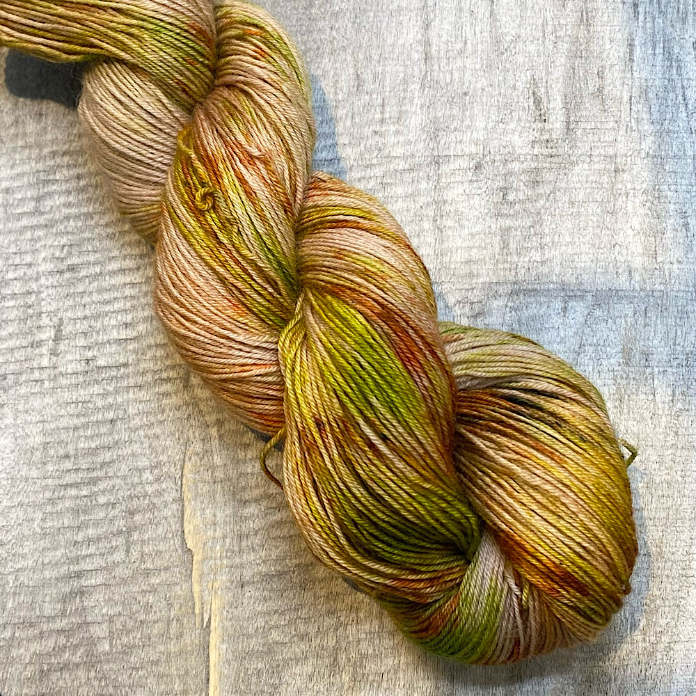 Photograph of hand dyed BFL wool in 'Bradgate Park', arranged in a skein. The colours are an autumnal mix of browns and greens.