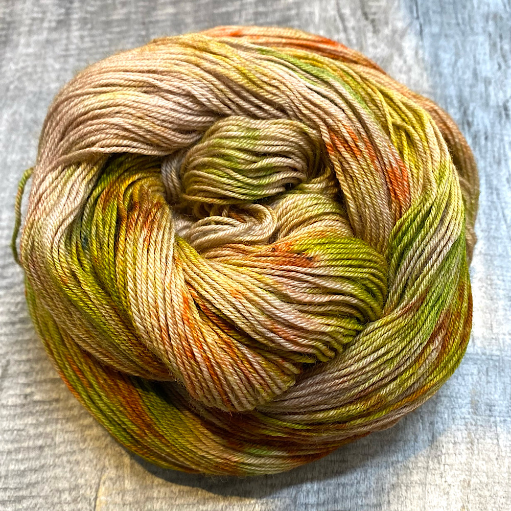Photograph of hand dyed BFL wool 'Bradgate Park', arranged in a swirl. The colours are an autumnal mix of browns and greens.